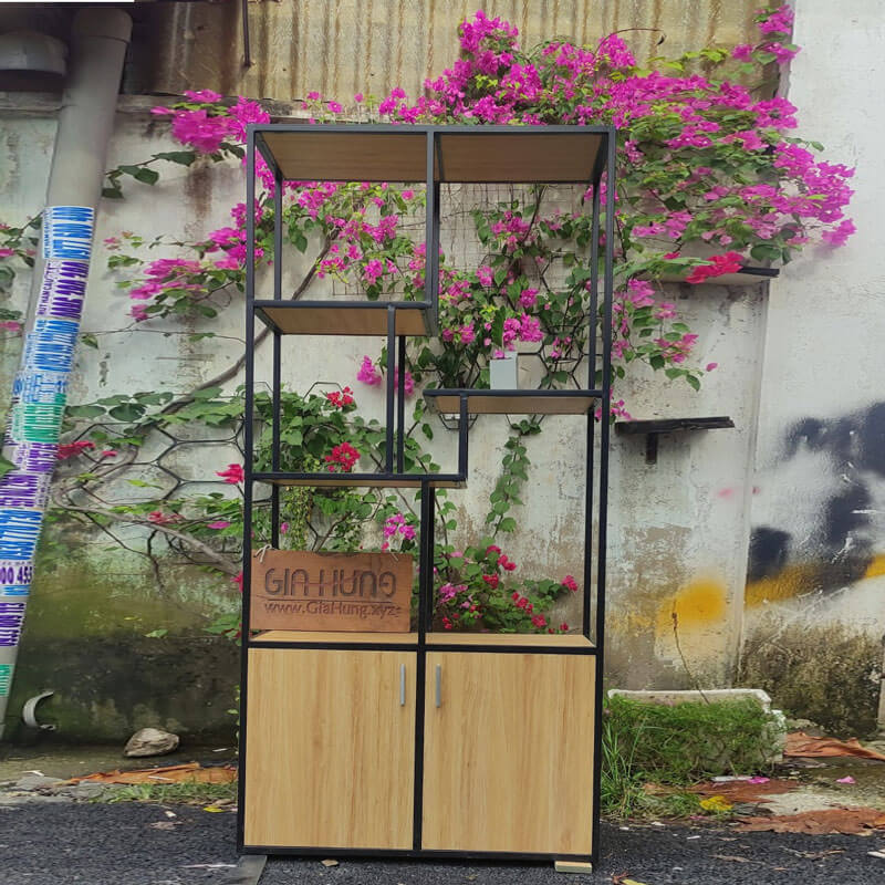 [LHS-10234] Kệ trang trí khung sắt mặt gỗ có tủ dưới LHS-10234