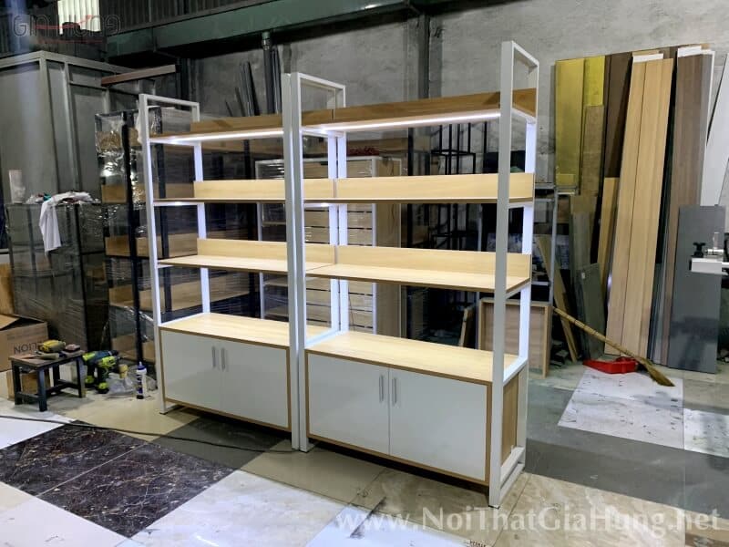 Kệ trưng bày sản phẩm khung sắt tủ gỗ MDF có gắn LED LHS-9533