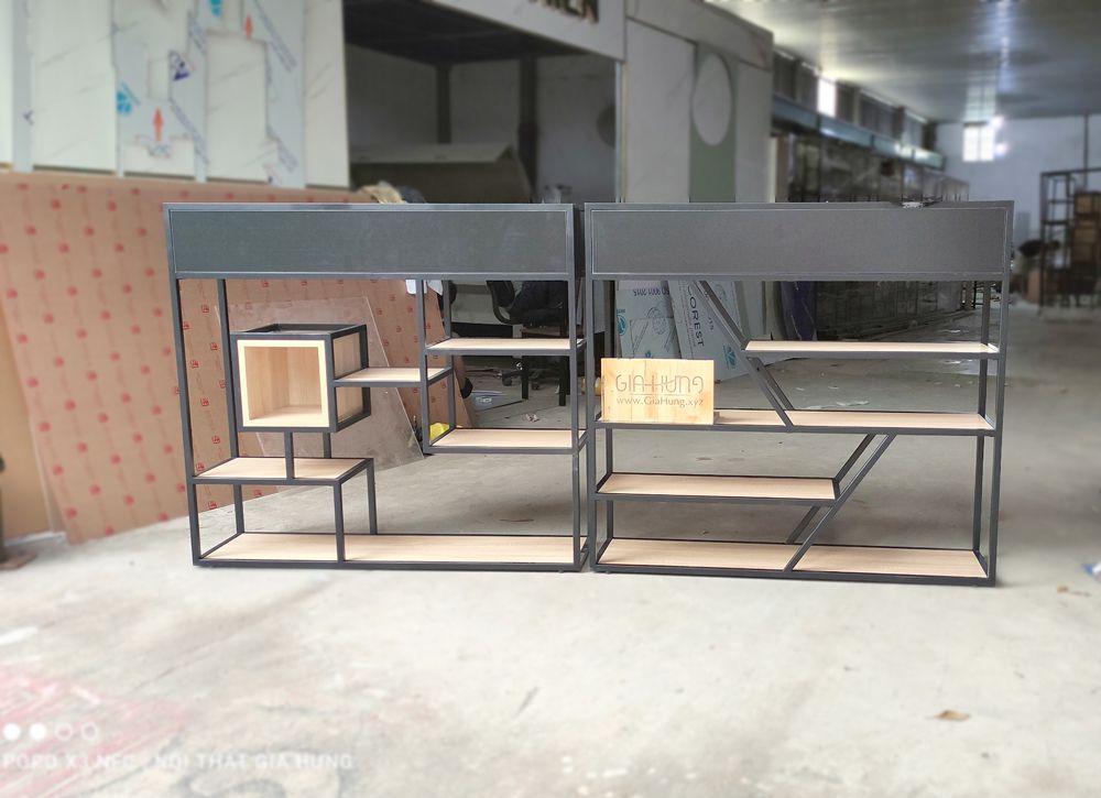 Kệ trang trí khung sắt có hộp gỗ làm vách ngăn LHS-6492