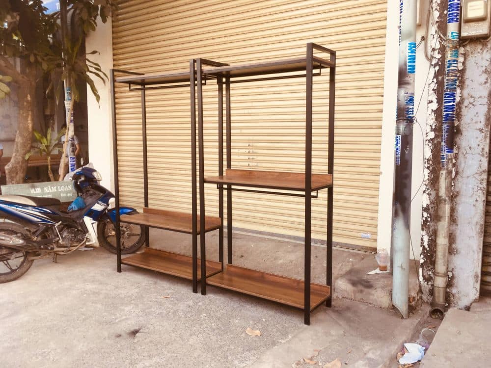 Bộ kệ treo quần áo khung chân sắt mặt gỗ LHS-4010